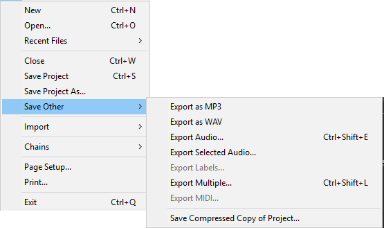 DarkAudacity Save menu